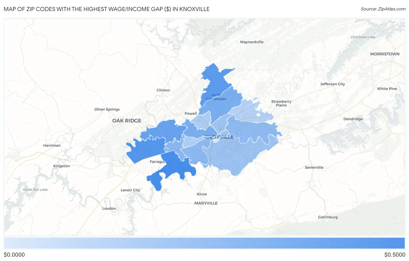 Zip Codes with the Highest Wage/Income Gap ($) in Knoxville Map
