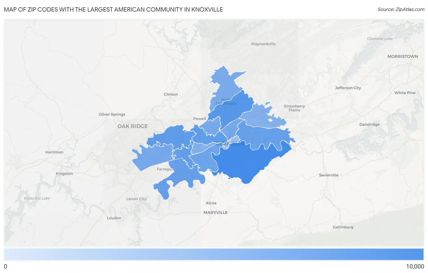 Zip Codes with the Largest American Community in Knoxville Map