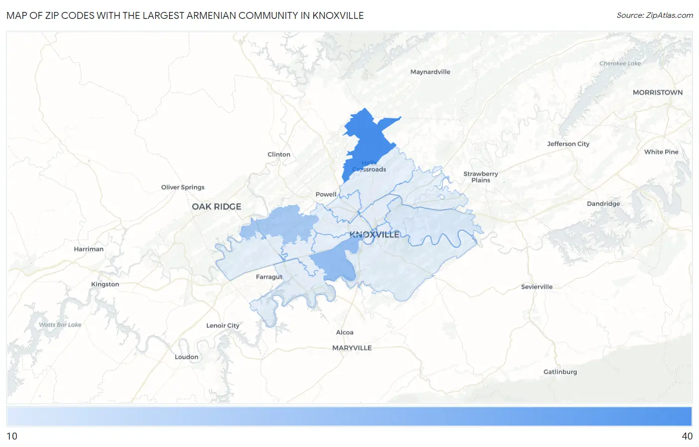 Zip Codes with the Largest Armenian Community in Knoxville Map