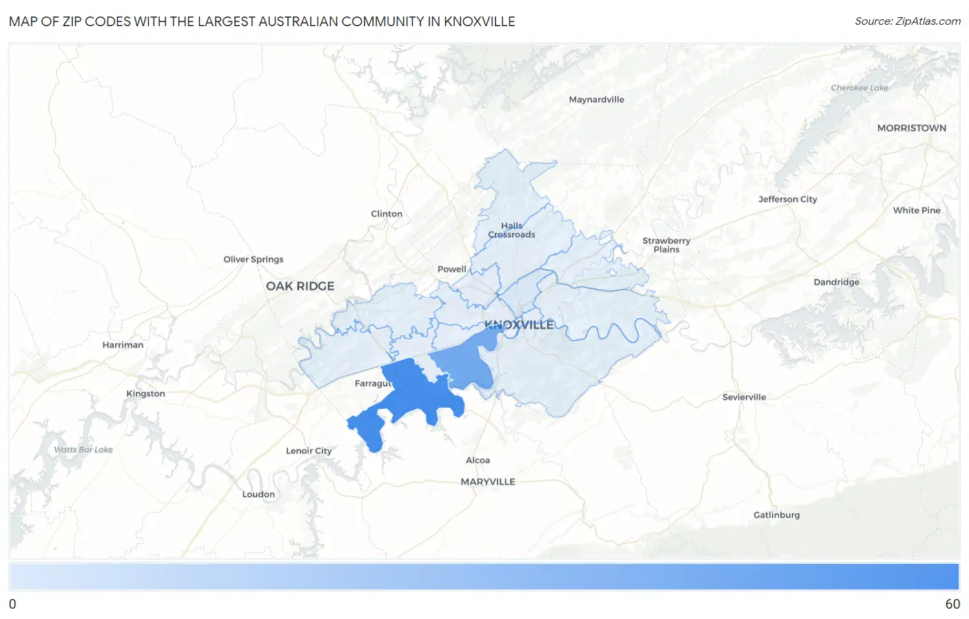 Zip Codes with the Largest Australian Community in Knoxville Map