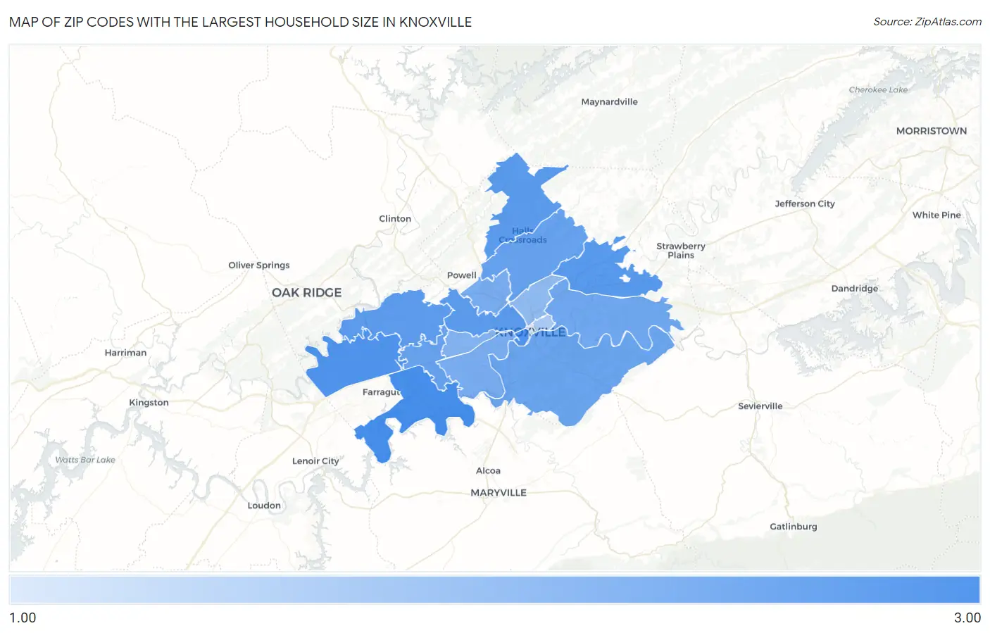Zip Codes with the Largest Household Size in Knoxville Map