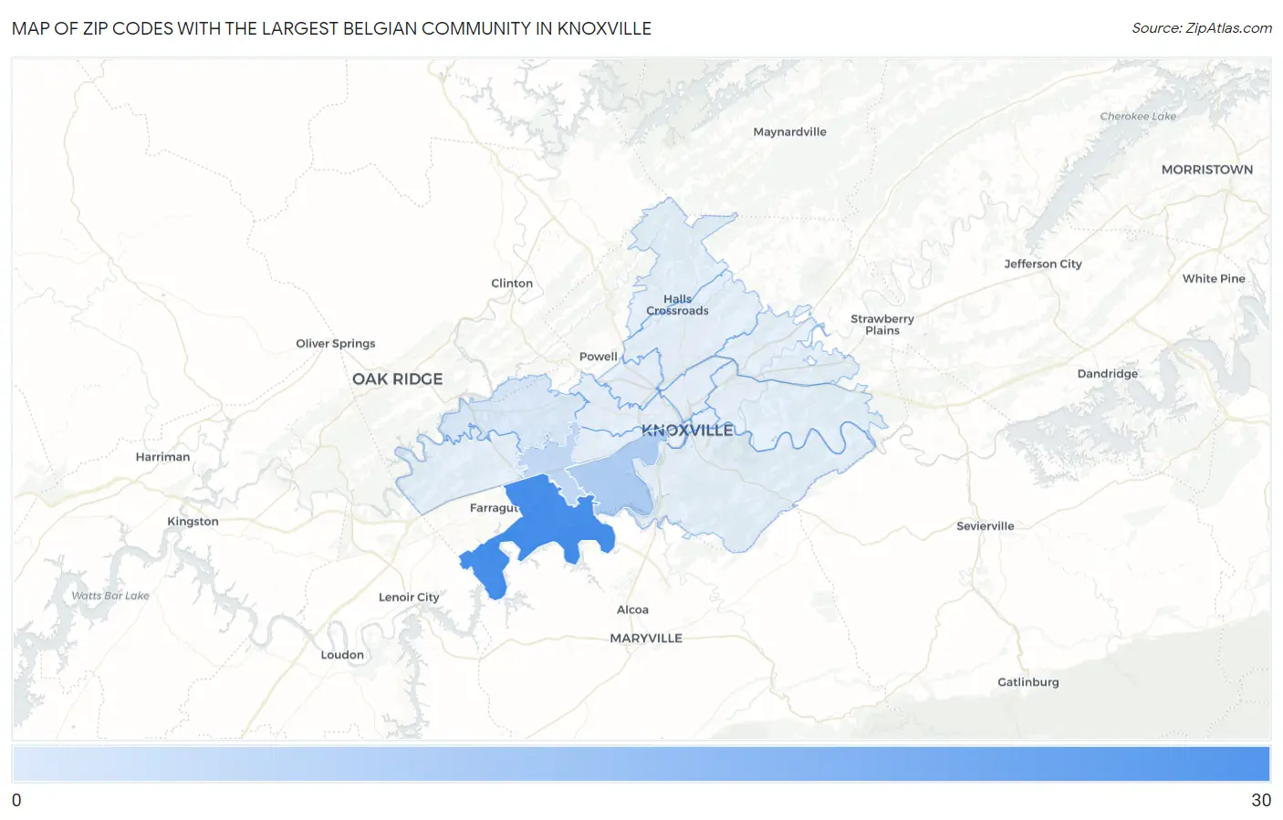 Zip Codes with the Largest Belgian Community in Knoxville Map