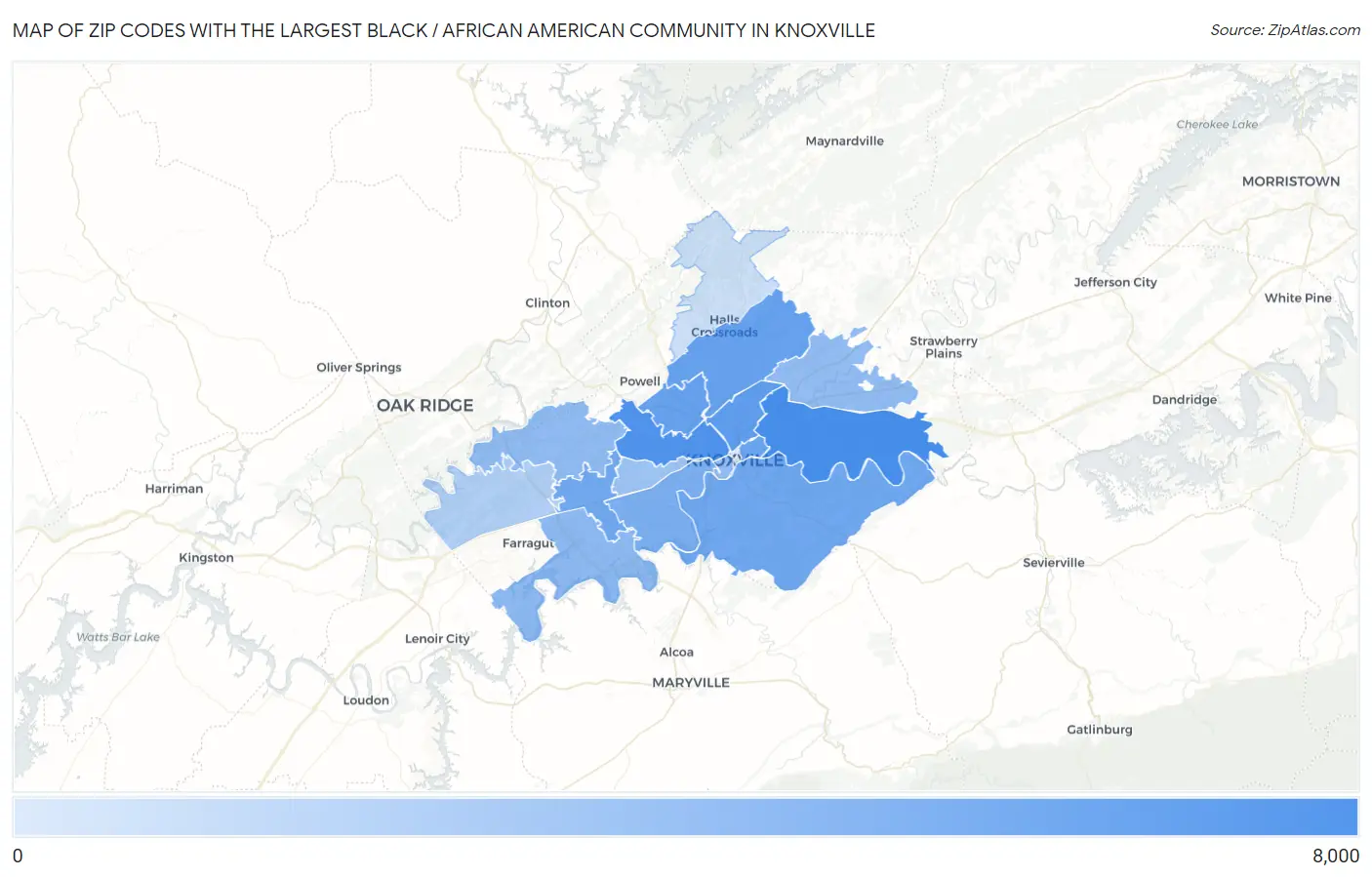 Zip Codes with the Largest Black / African American Community in Knoxville Map