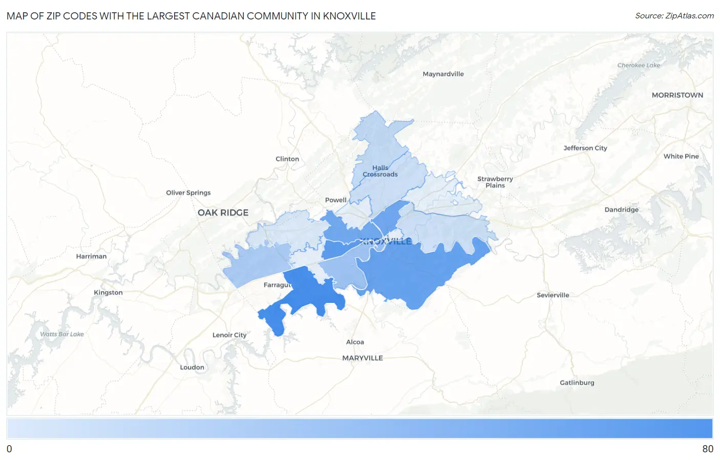 Zip Codes with the Largest Canadian Community in Knoxville Map