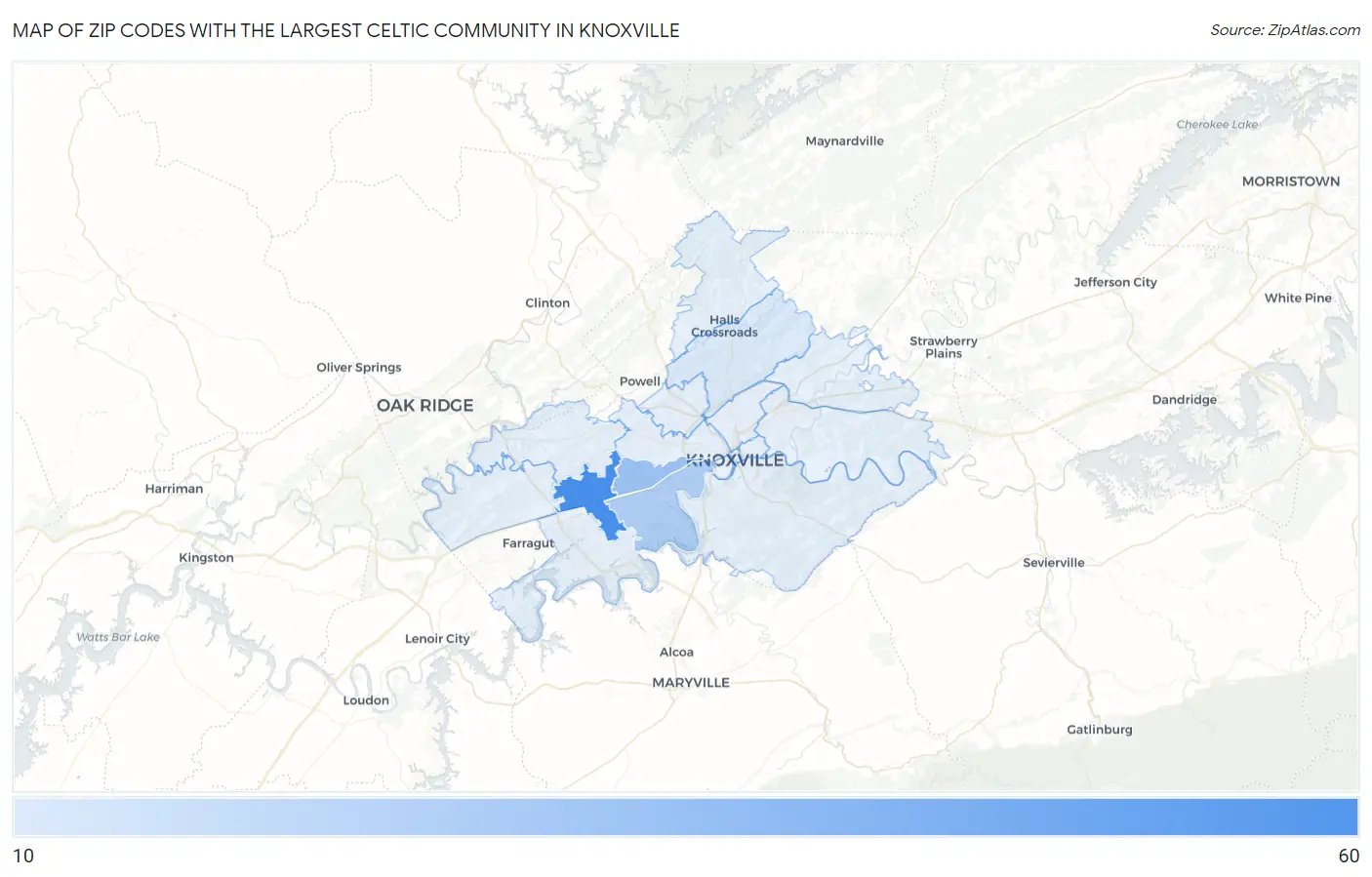 Zip Codes with the Largest Celtic Community in Knoxville Map
