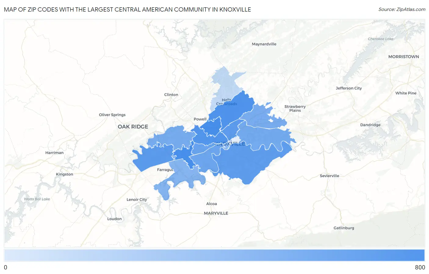 Zip Codes with the Largest Central American Community in Knoxville Map