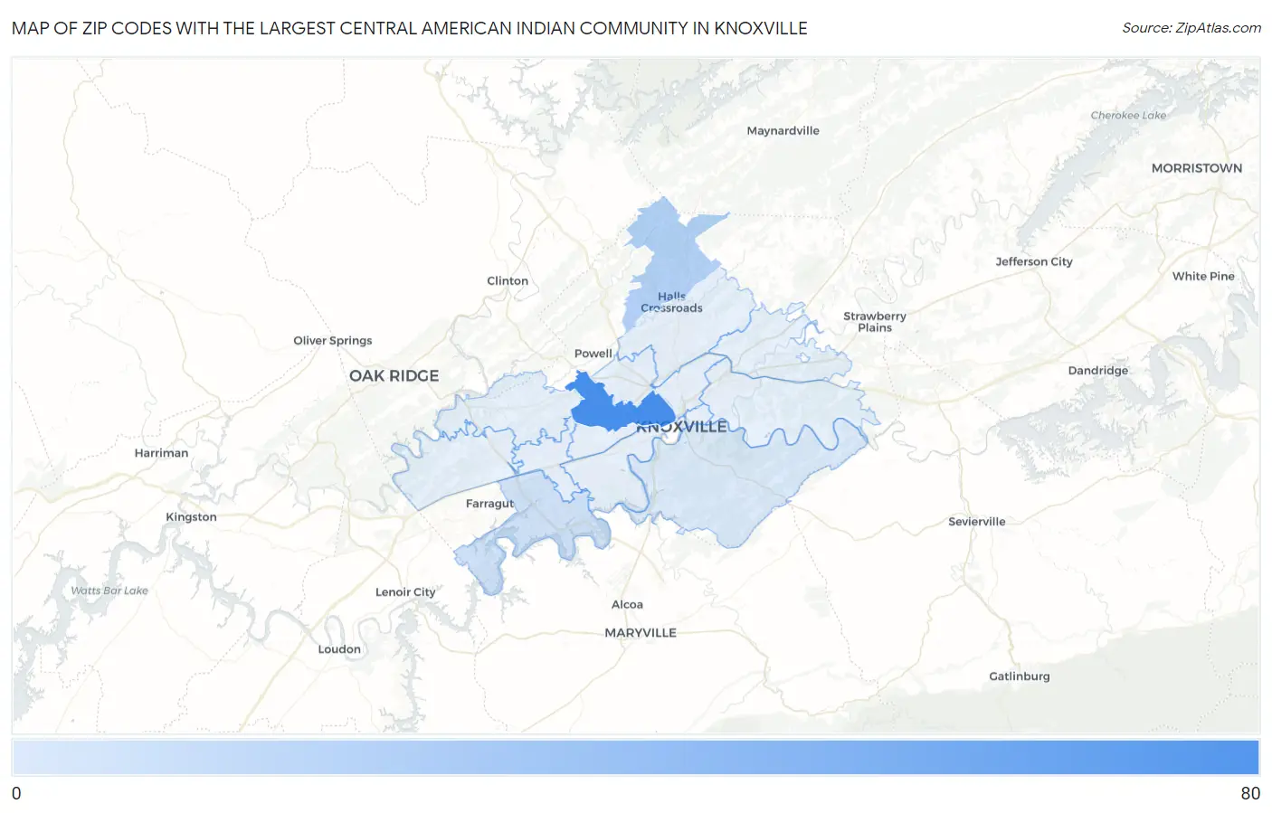 Zip Codes with the Largest Central American Indian Community in Knoxville Map