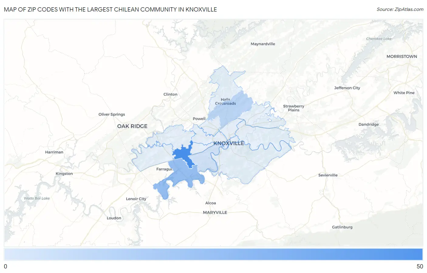 Zip Codes with the Largest Chilean Community in Knoxville Map
