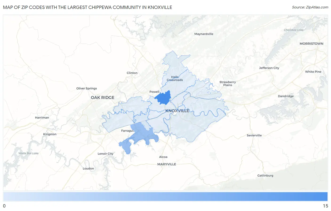 Zip Codes with the Largest Chippewa Community in Knoxville Map