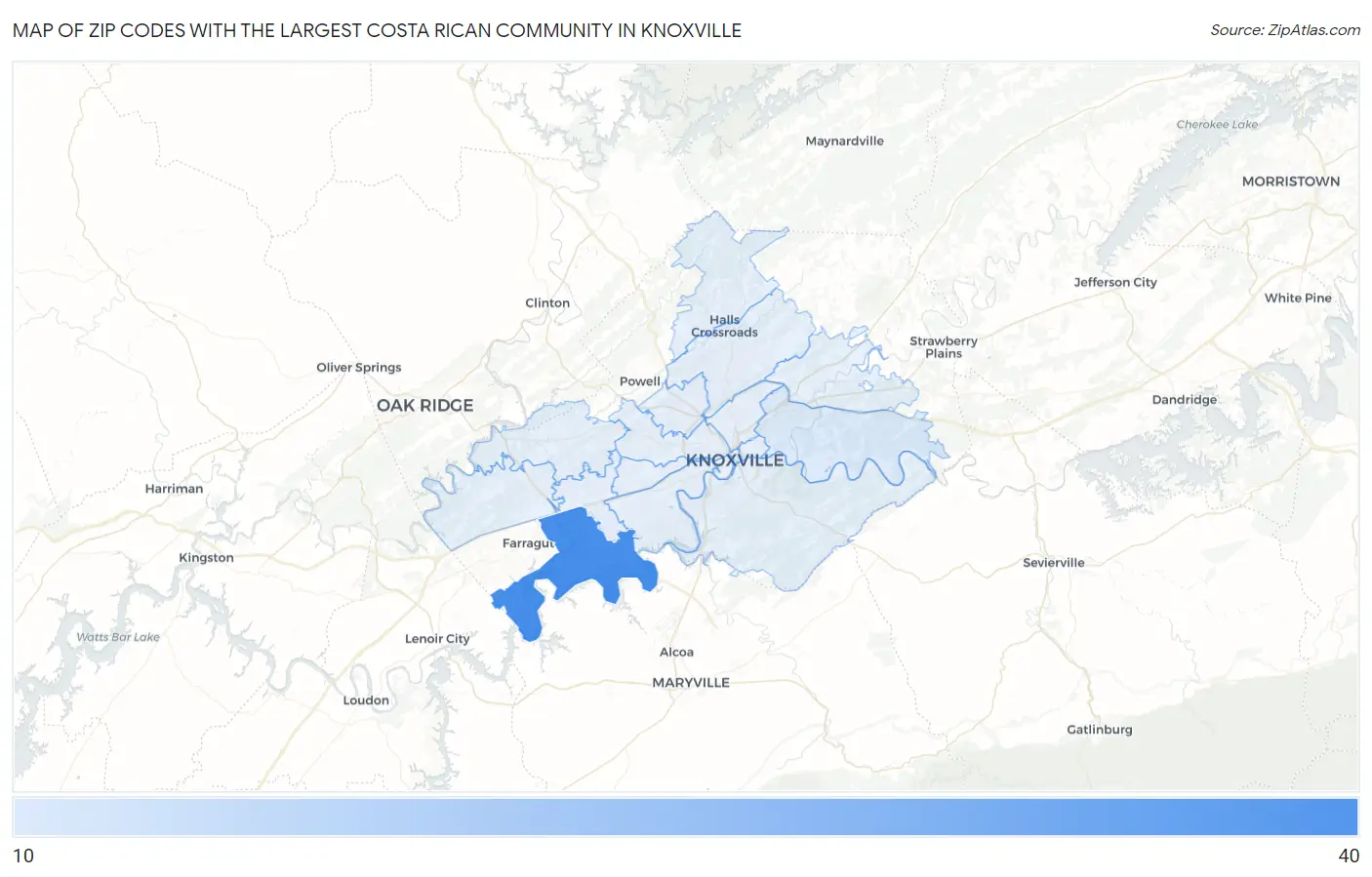 Zip Codes with the Largest Costa Rican Community in Knoxville Map
