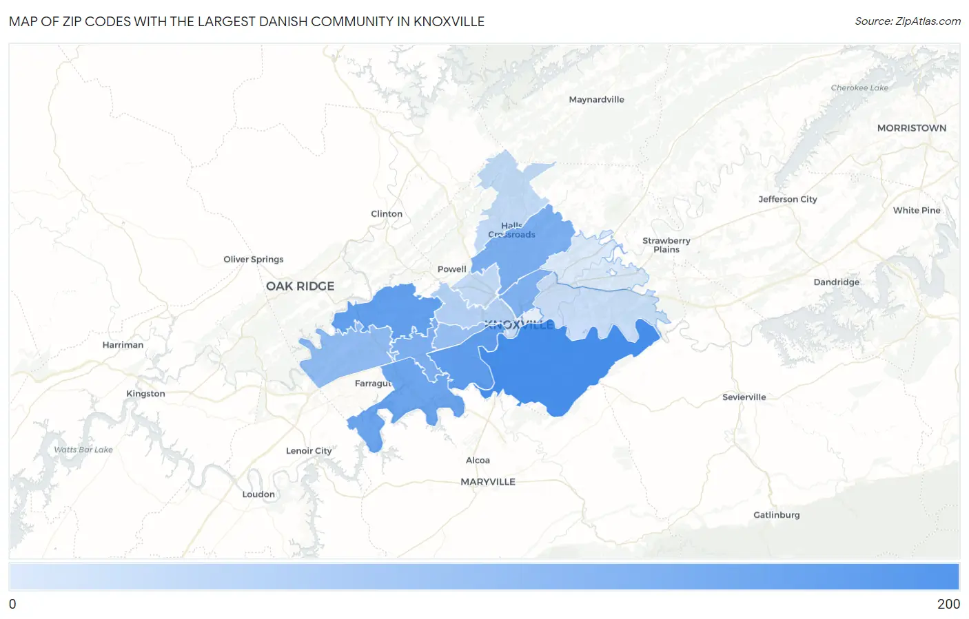 Zip Codes with the Largest Danish Community in Knoxville Map
