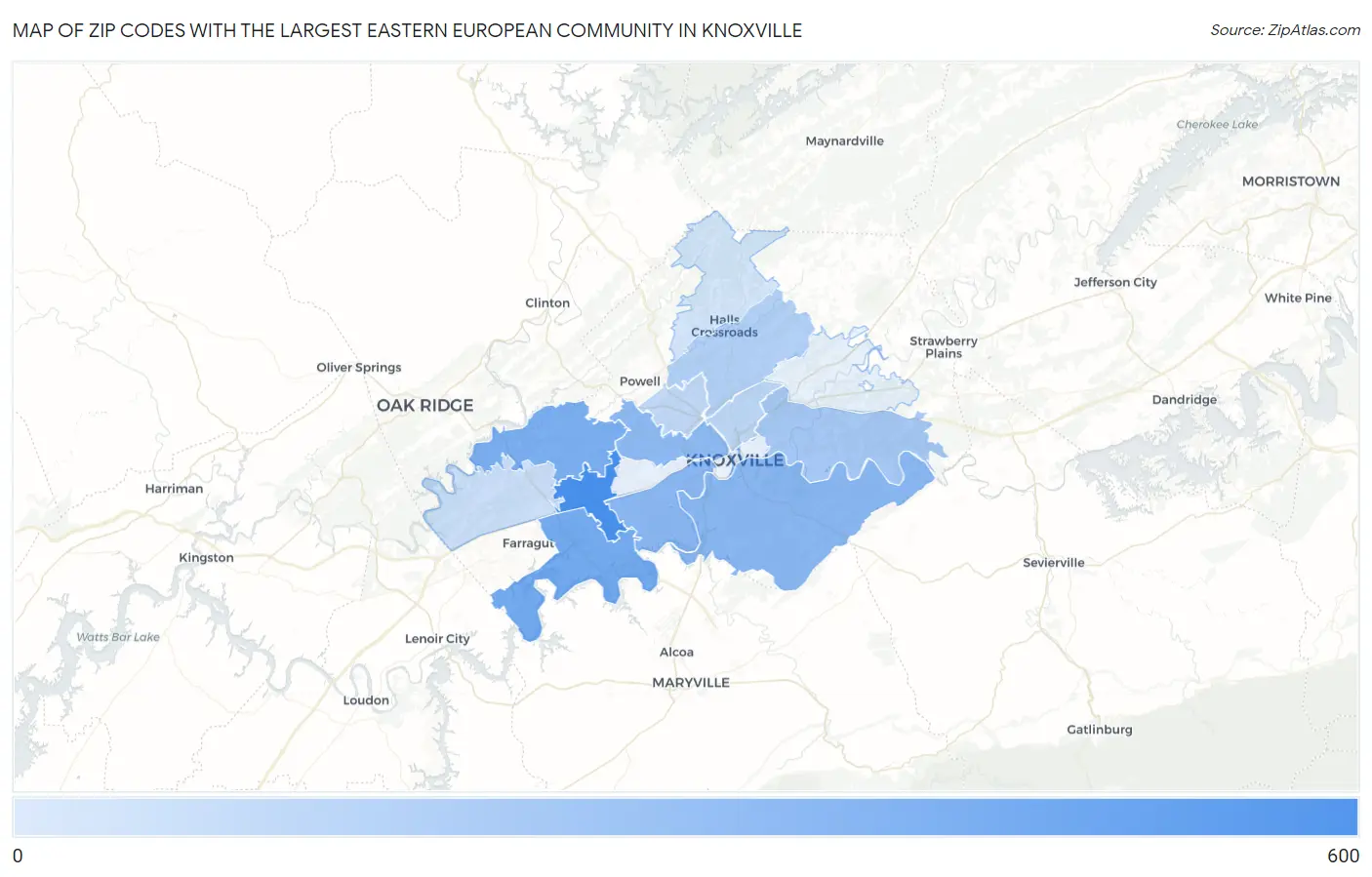 Zip Codes with the Largest Eastern European Community in Knoxville Map