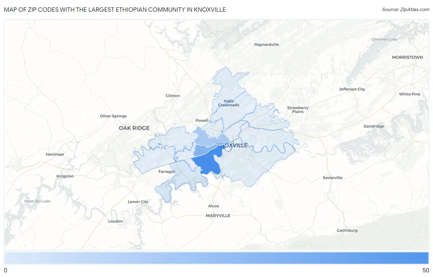 Zip Codes with the Largest Ethiopian Community in Knoxville Map