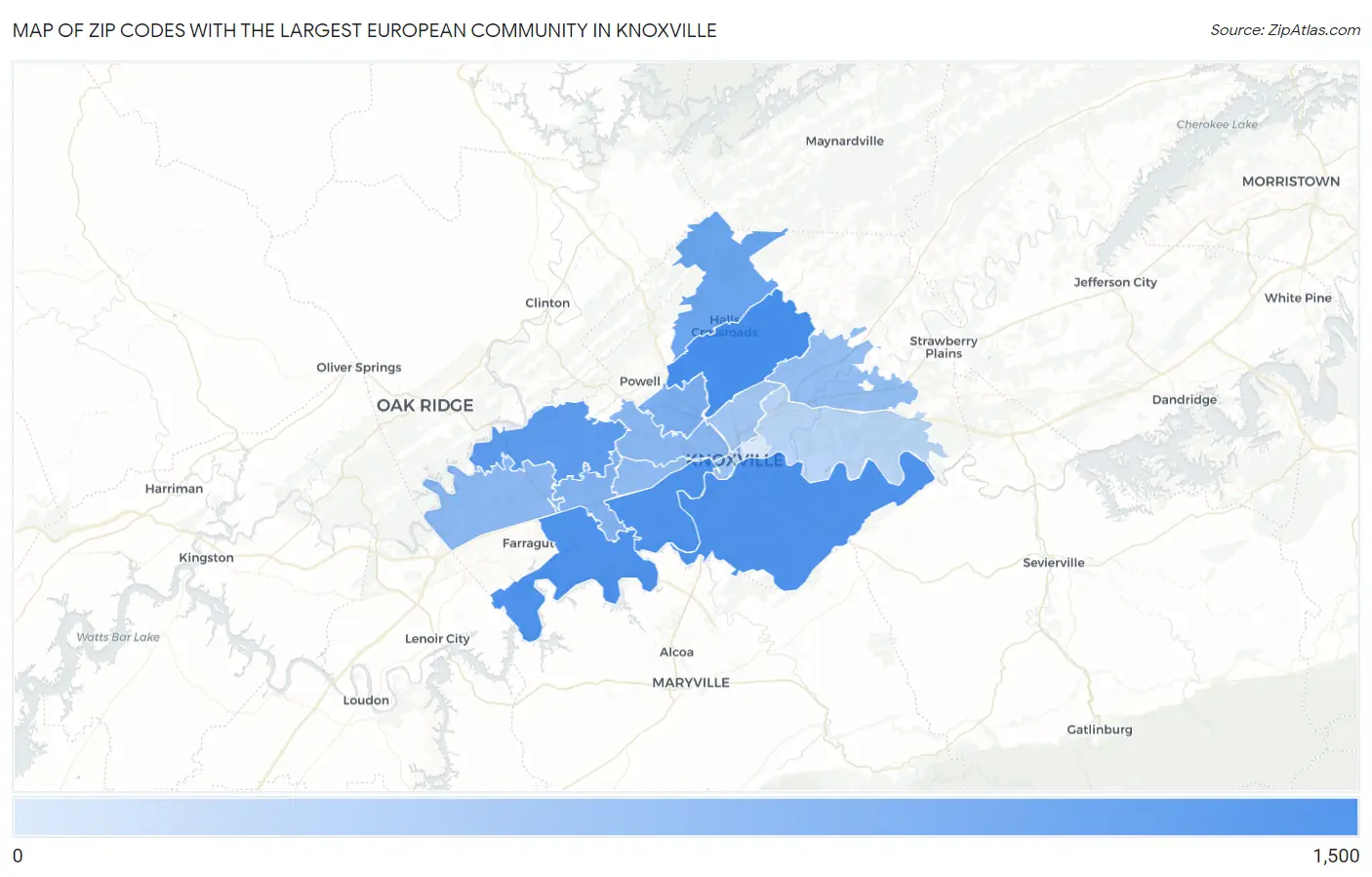 Zip Codes with the Largest European Community in Knoxville Map