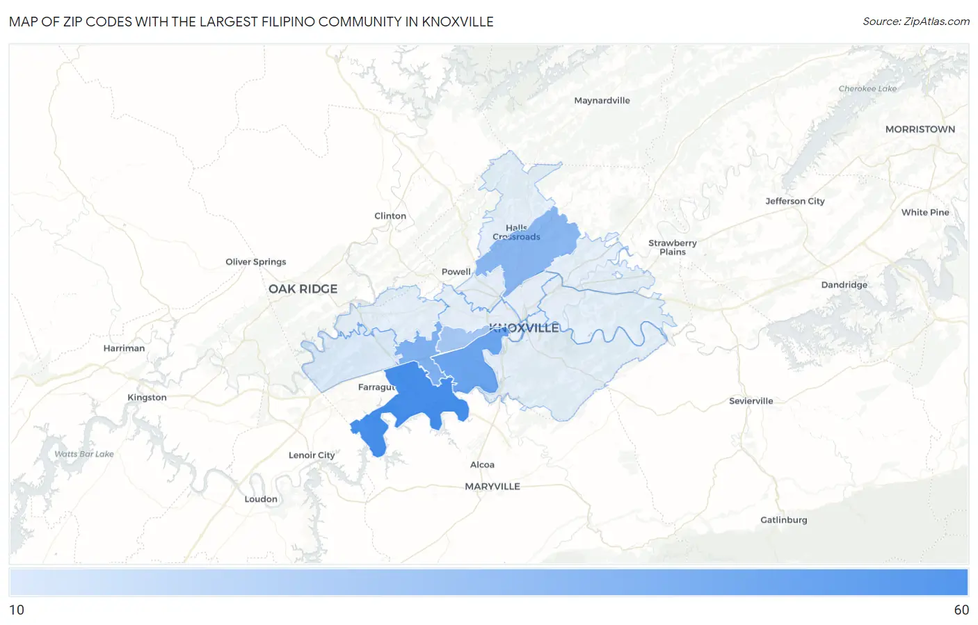 Zip Codes with the Largest Filipino Community in Knoxville Map