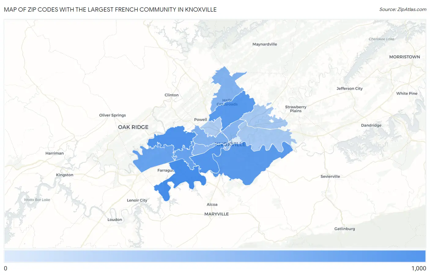 Zip Codes with the Largest French Community in Knoxville Map