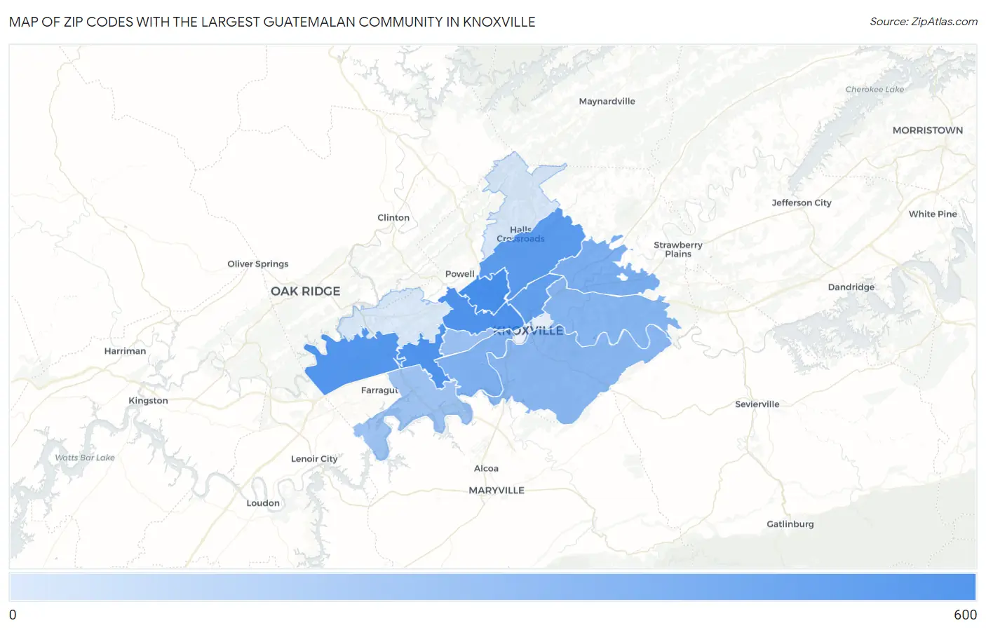Zip Codes with the Largest Guatemalan Community in Knoxville Map