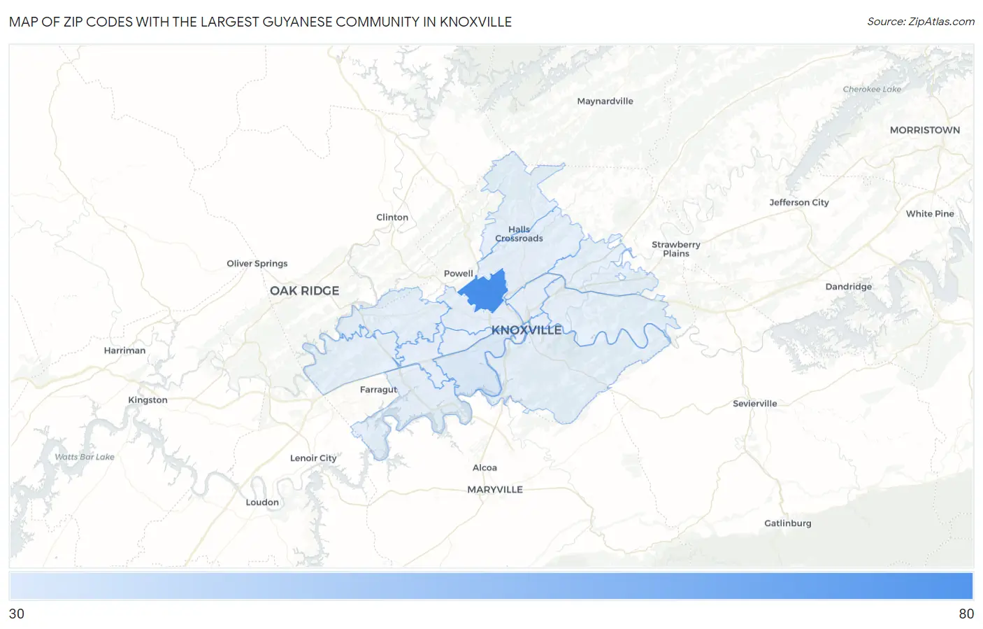 Zip Codes with the Largest Guyanese Community in Knoxville Map