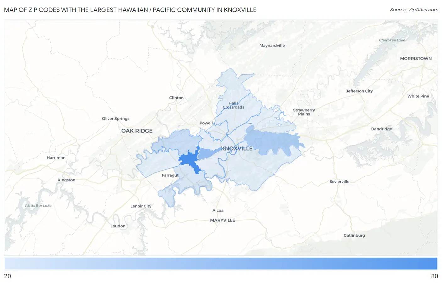 Zip Codes with the Largest Hawaiian / Pacific Community in Knoxville Map