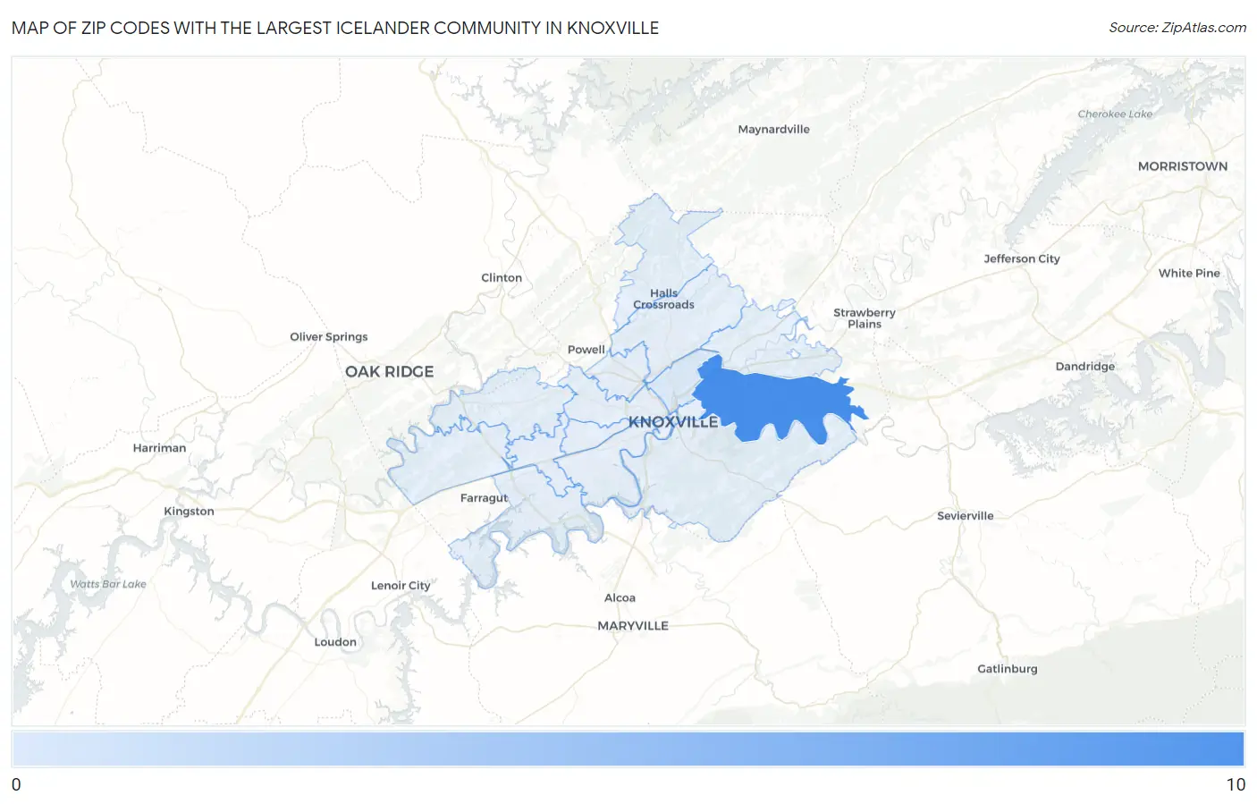 Zip Codes with the Largest Icelander Community in Knoxville Map