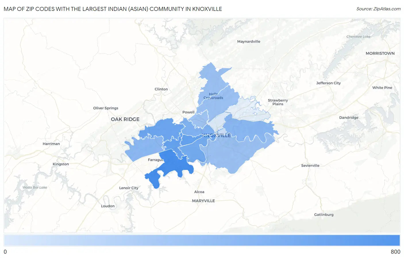 Zip Codes with the Largest Indian (Asian) Community in Knoxville Map