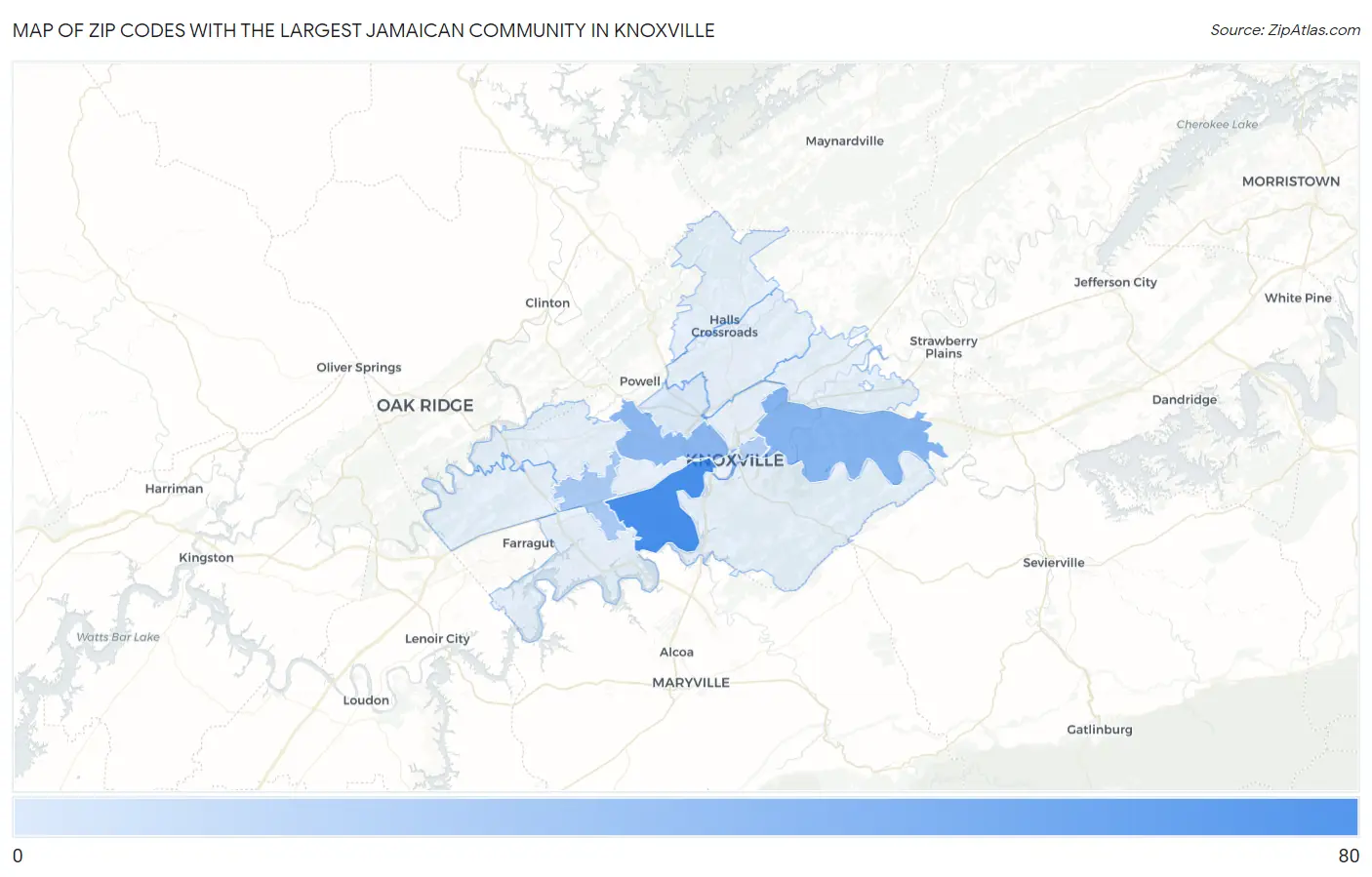 Zip Codes with the Largest Jamaican Community in Knoxville Map