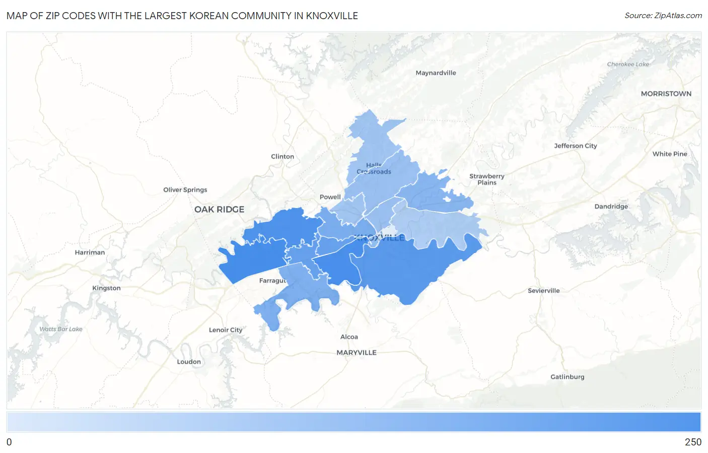 Zip Codes with the Largest Korean Community in Knoxville Map