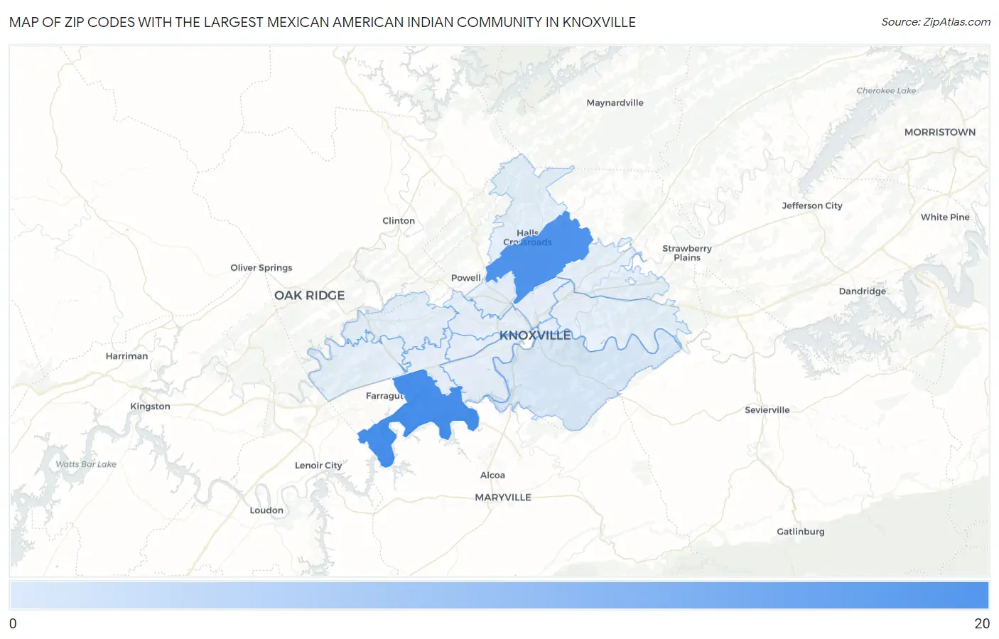 Zip Codes with the Largest Mexican American Indian Community in Knoxville Map