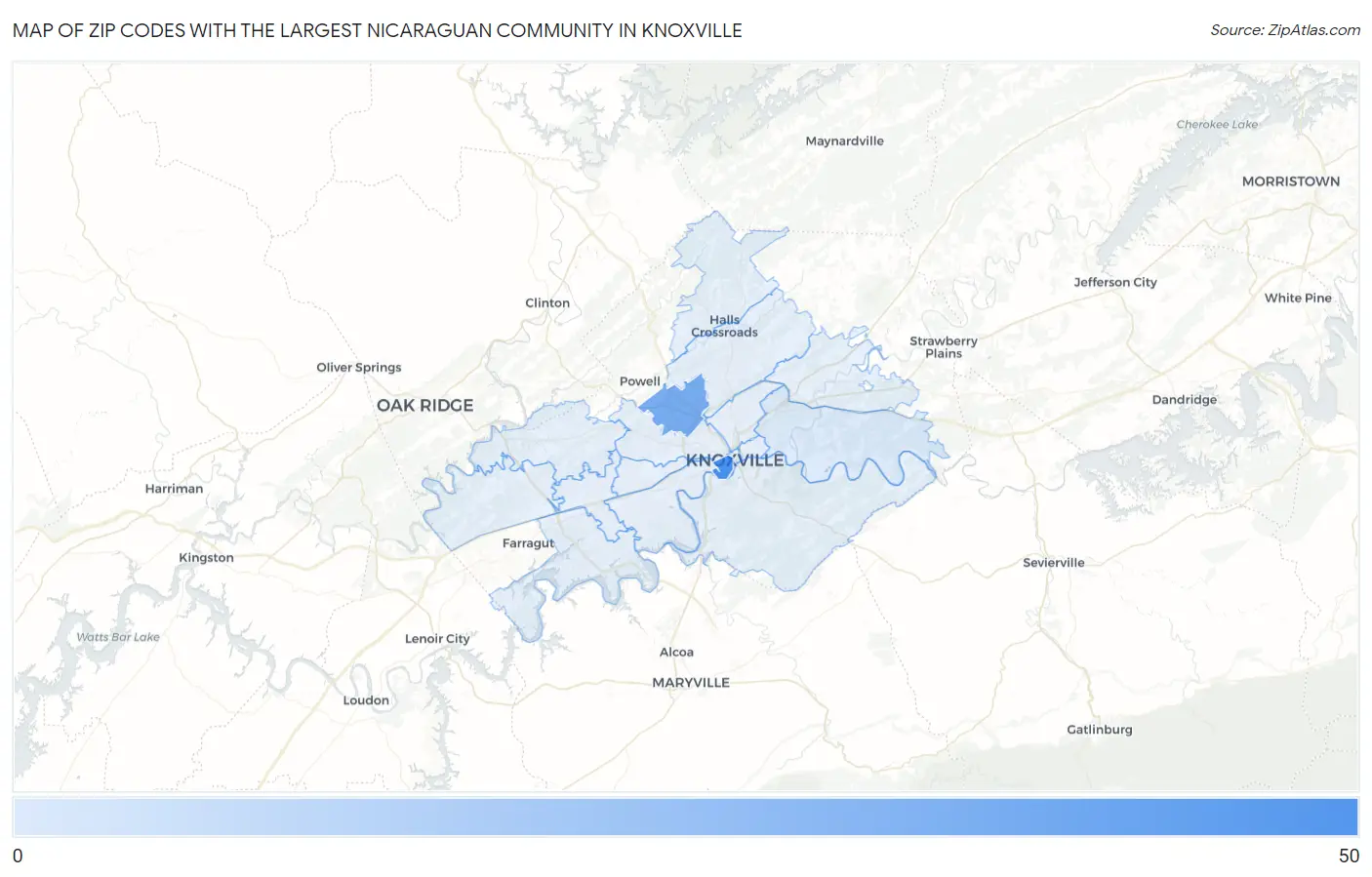 Zip Codes with the Largest Nicaraguan Community in Knoxville Map