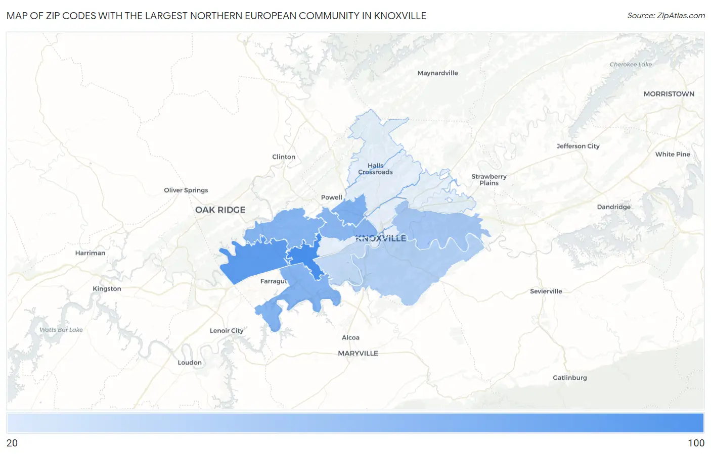 Zip Codes with the Largest Northern European Community in Knoxville Map
