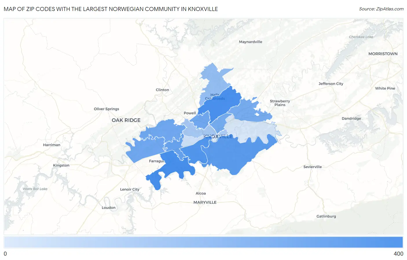 Zip Codes with the Largest Norwegian Community in Knoxville Map