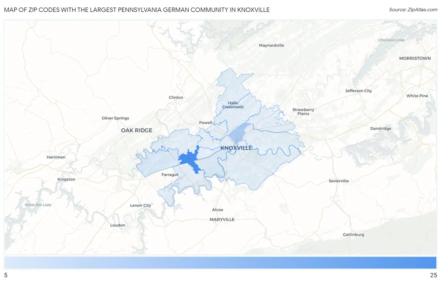 Zip Codes with the Largest Pennsylvania German Community in Knoxville Map