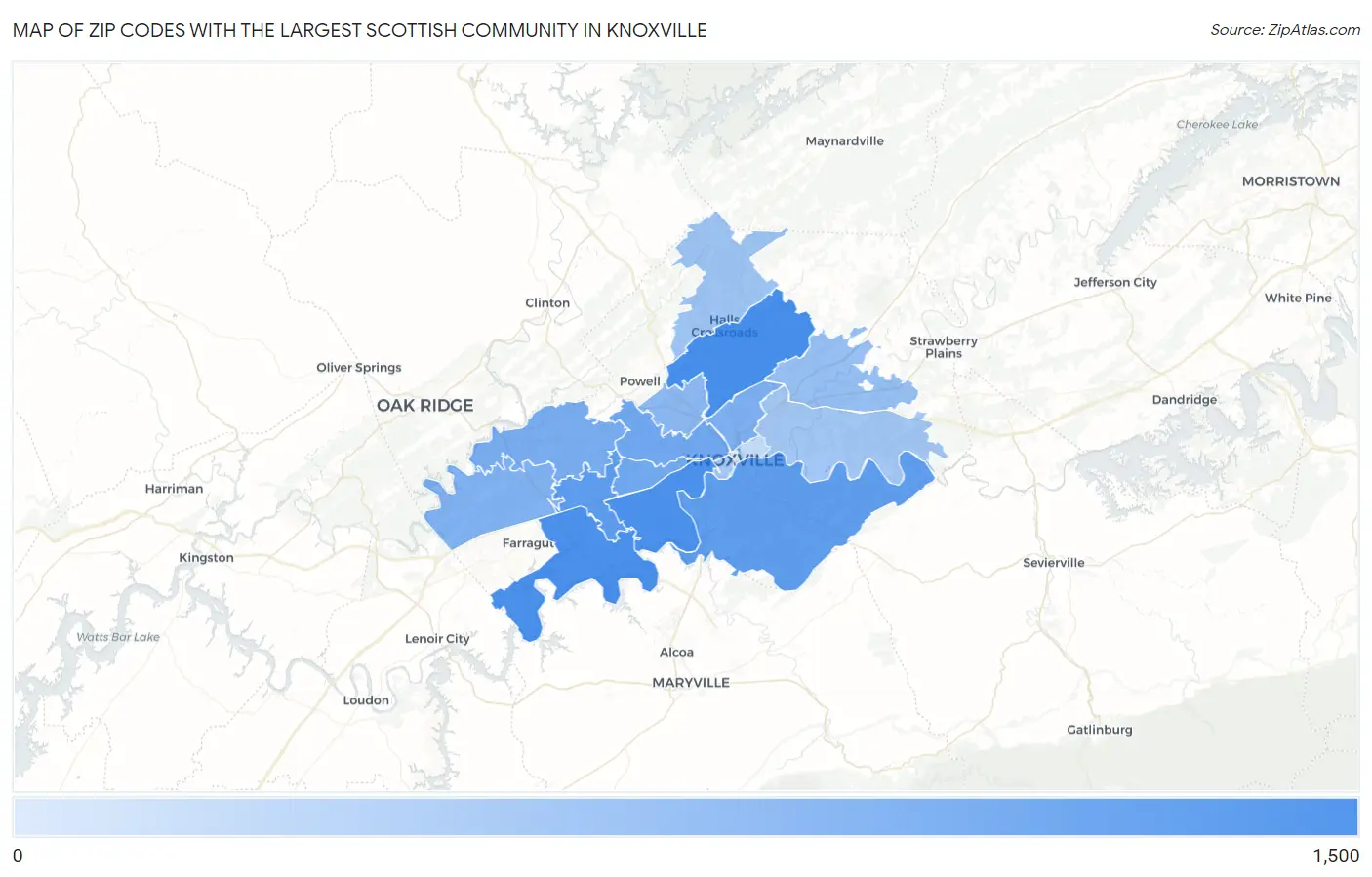 Zip Codes with the Largest Scottish Community in Knoxville Map