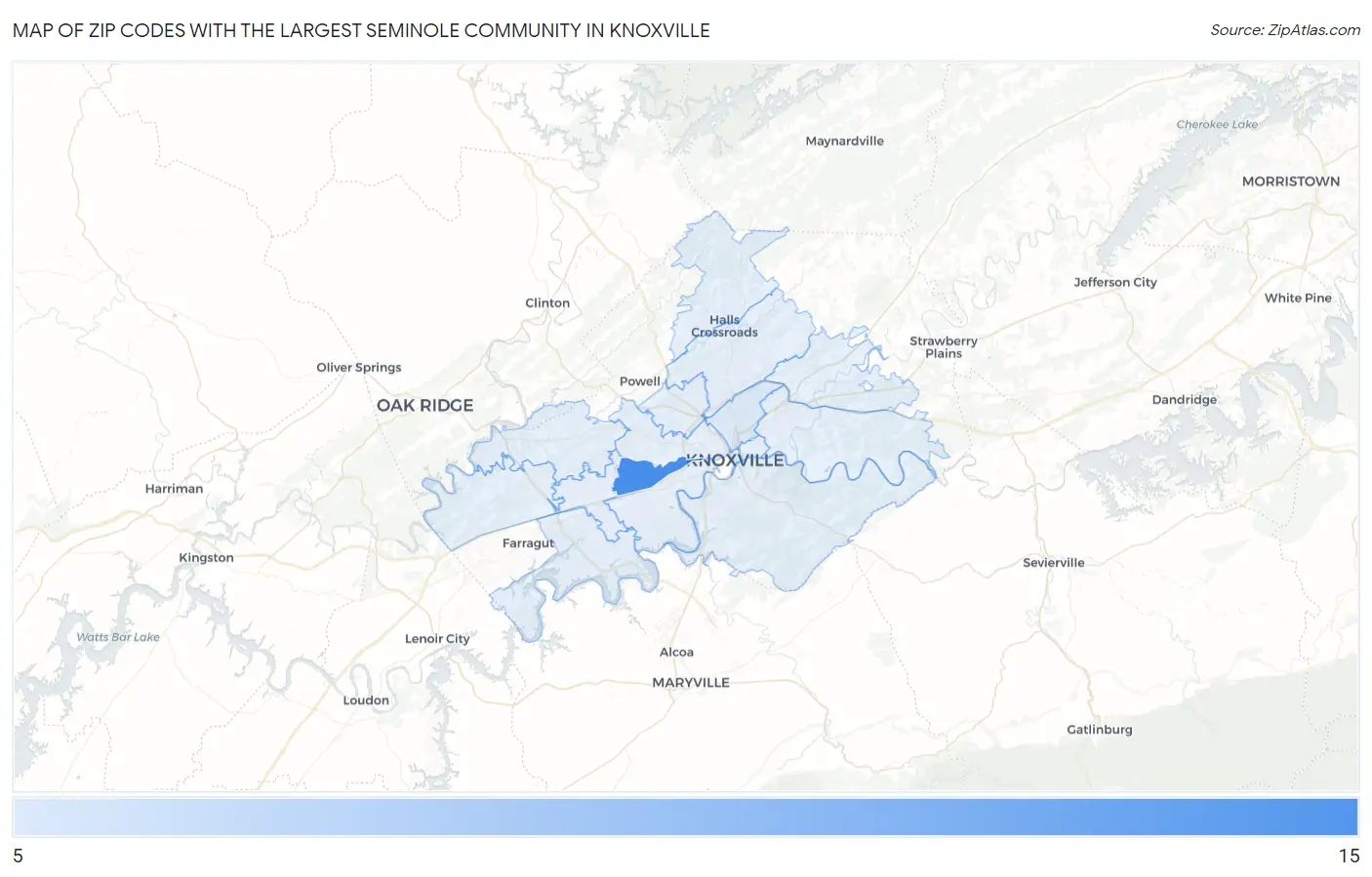 Zip Codes with the Largest Seminole Community in Knoxville Map