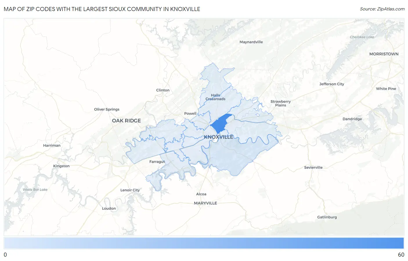 Zip Codes with the Largest Sioux Community in Knoxville Map
