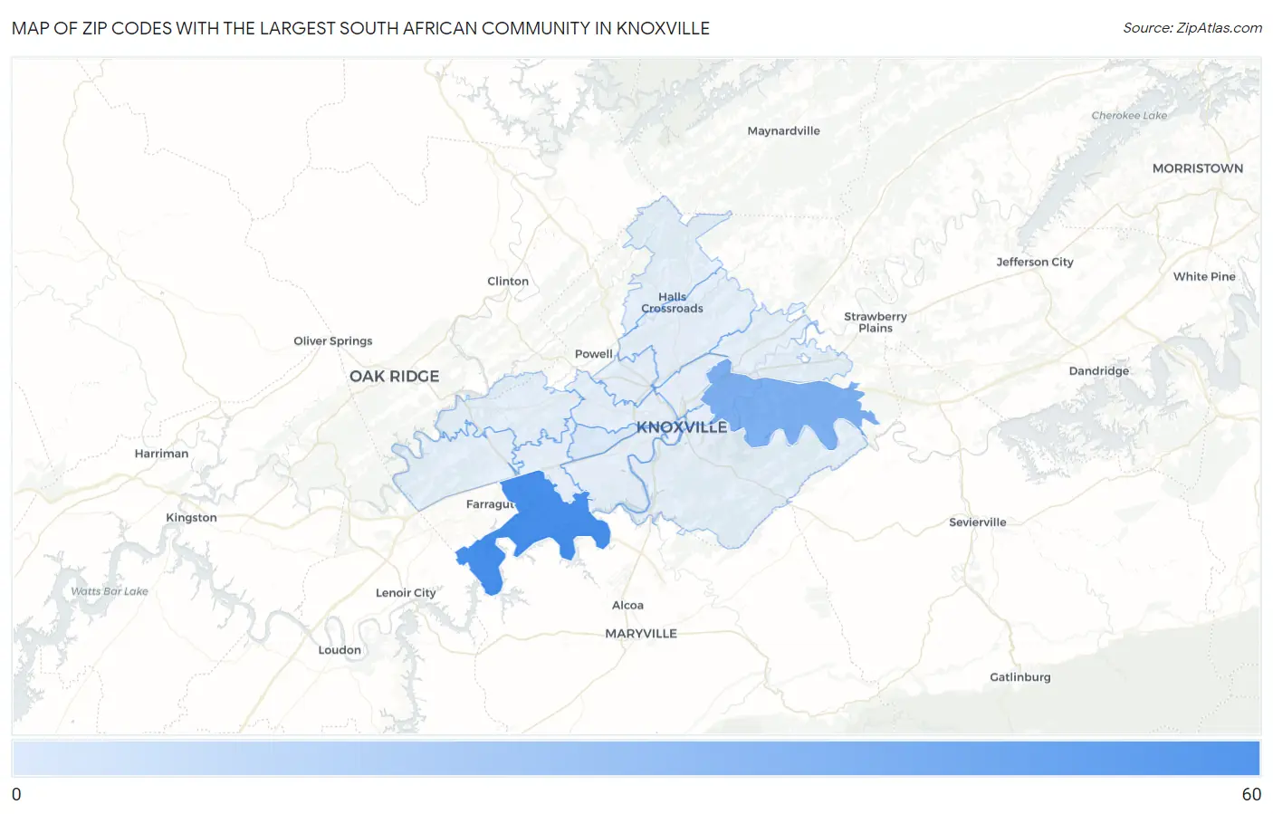 Zip Codes with the Largest South African Community in Knoxville Map