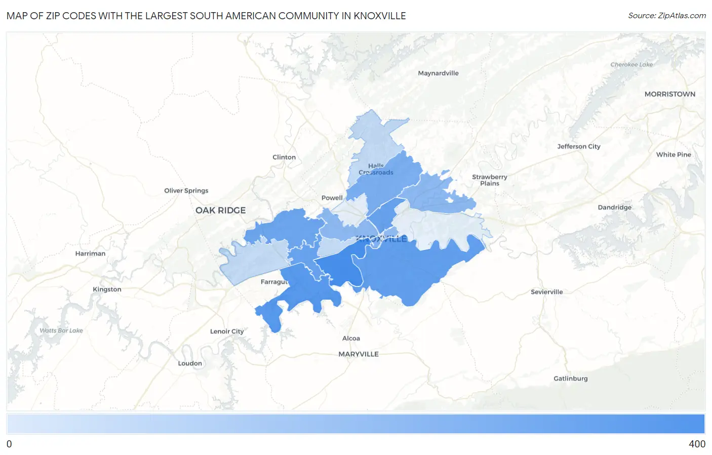 Zip Codes with the Largest South American Community in Knoxville Map