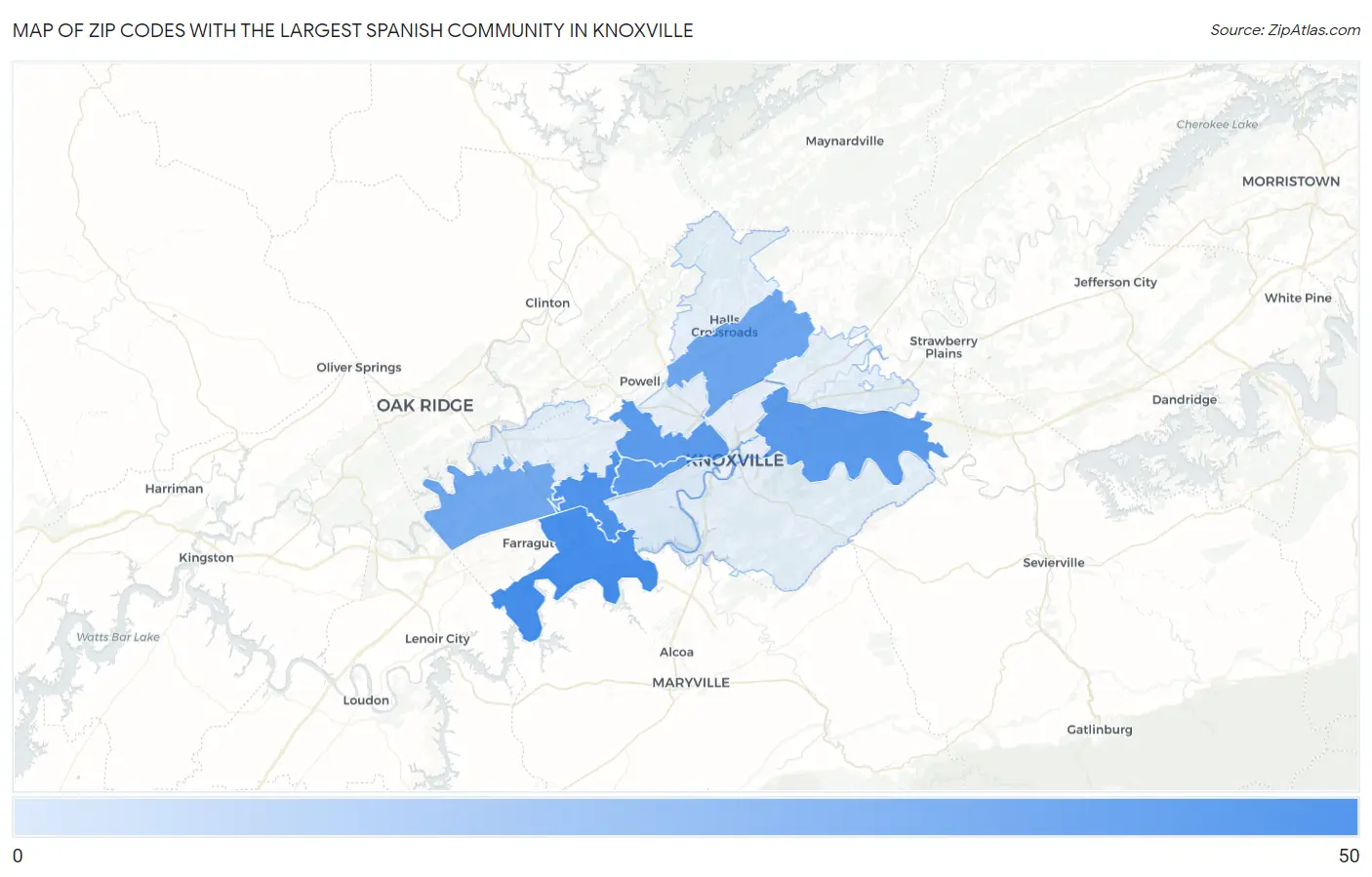 Zip Codes with the Largest Spanish Community in Knoxville Map