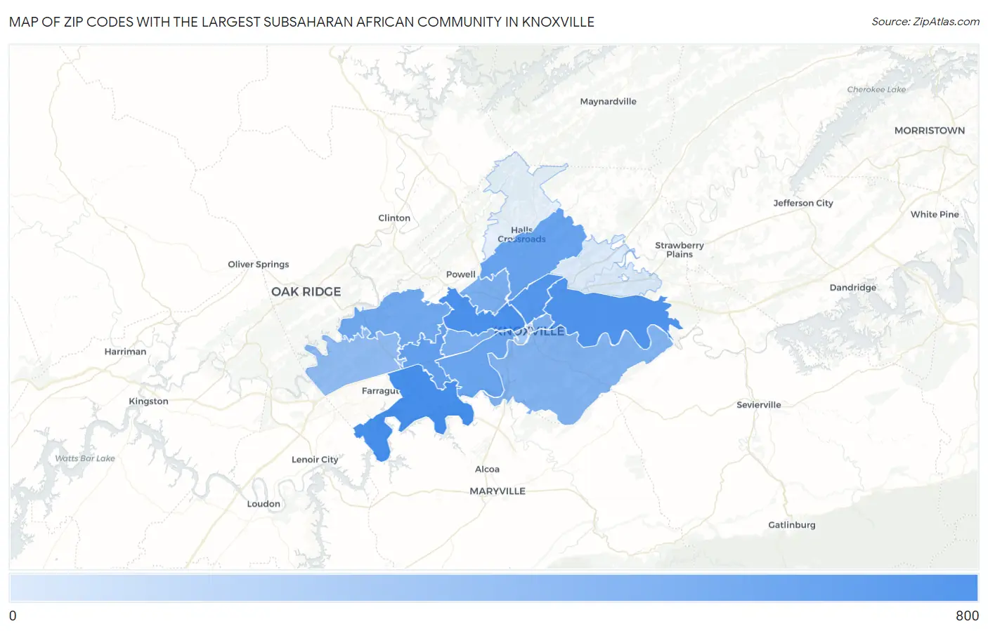 Zip Codes with the Largest Subsaharan African Community in Knoxville Map