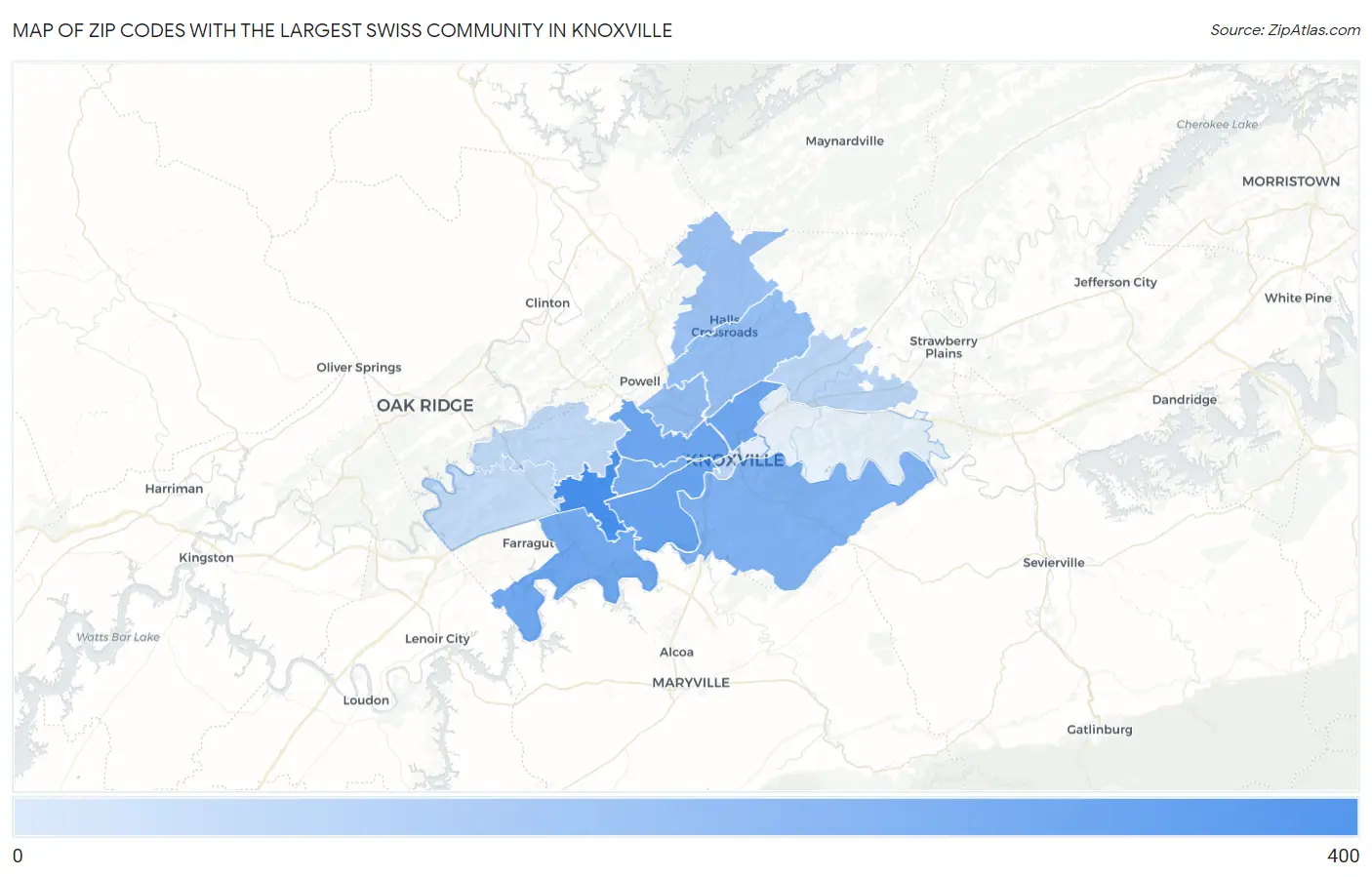 Zip Codes with the Largest Swiss Community in Knoxville Map