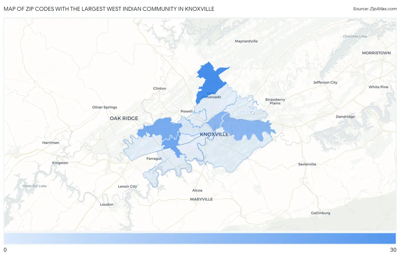Zip Codes with the Largest West Indian Community in Knoxville Map