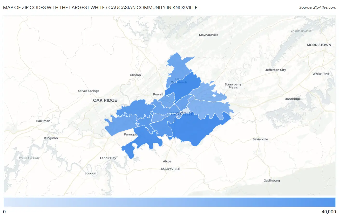 Zip Codes with the Largest White / Caucasian Community in Knoxville Map