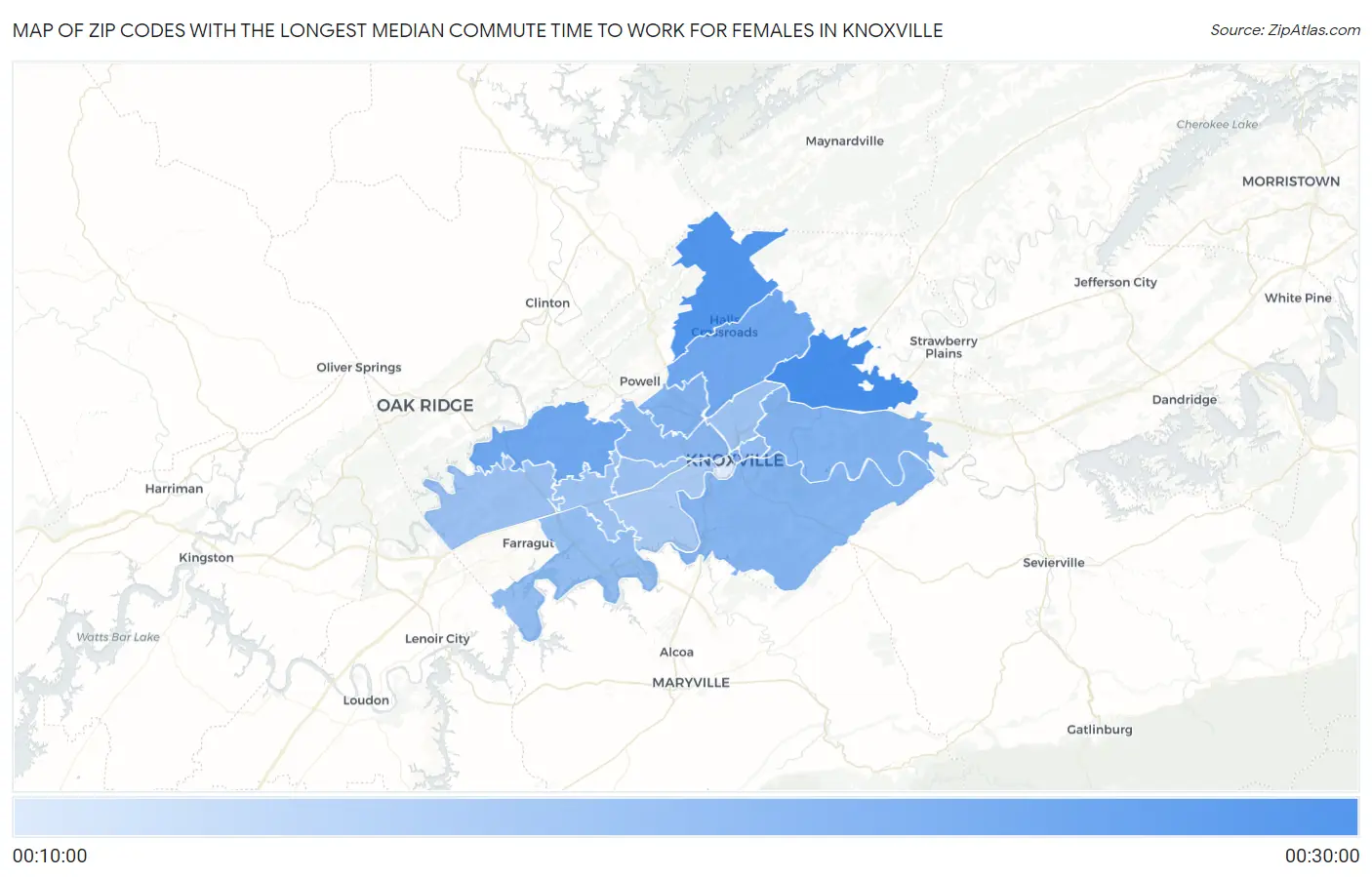 Zip Codes with the Longest Median Commute Time to Work for Females in Knoxville Map