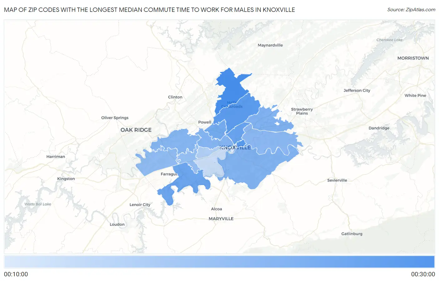 Zip Codes with the Longest Median Commute Time to Work for Males in Knoxville Map
