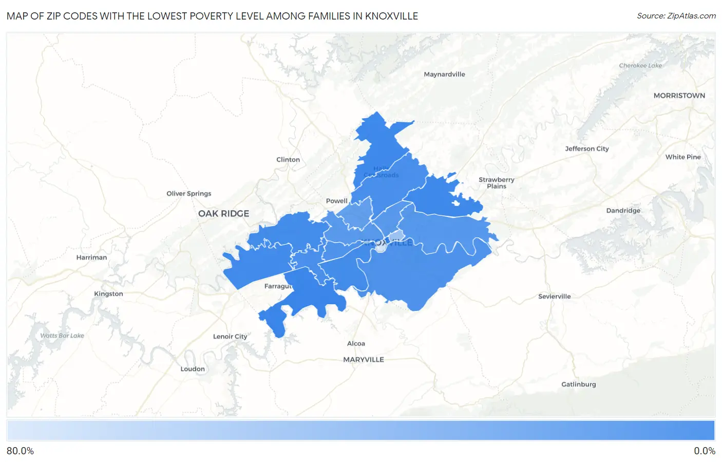 Zip Codes with the Lowest Poverty Level Among Families in Knoxville Map