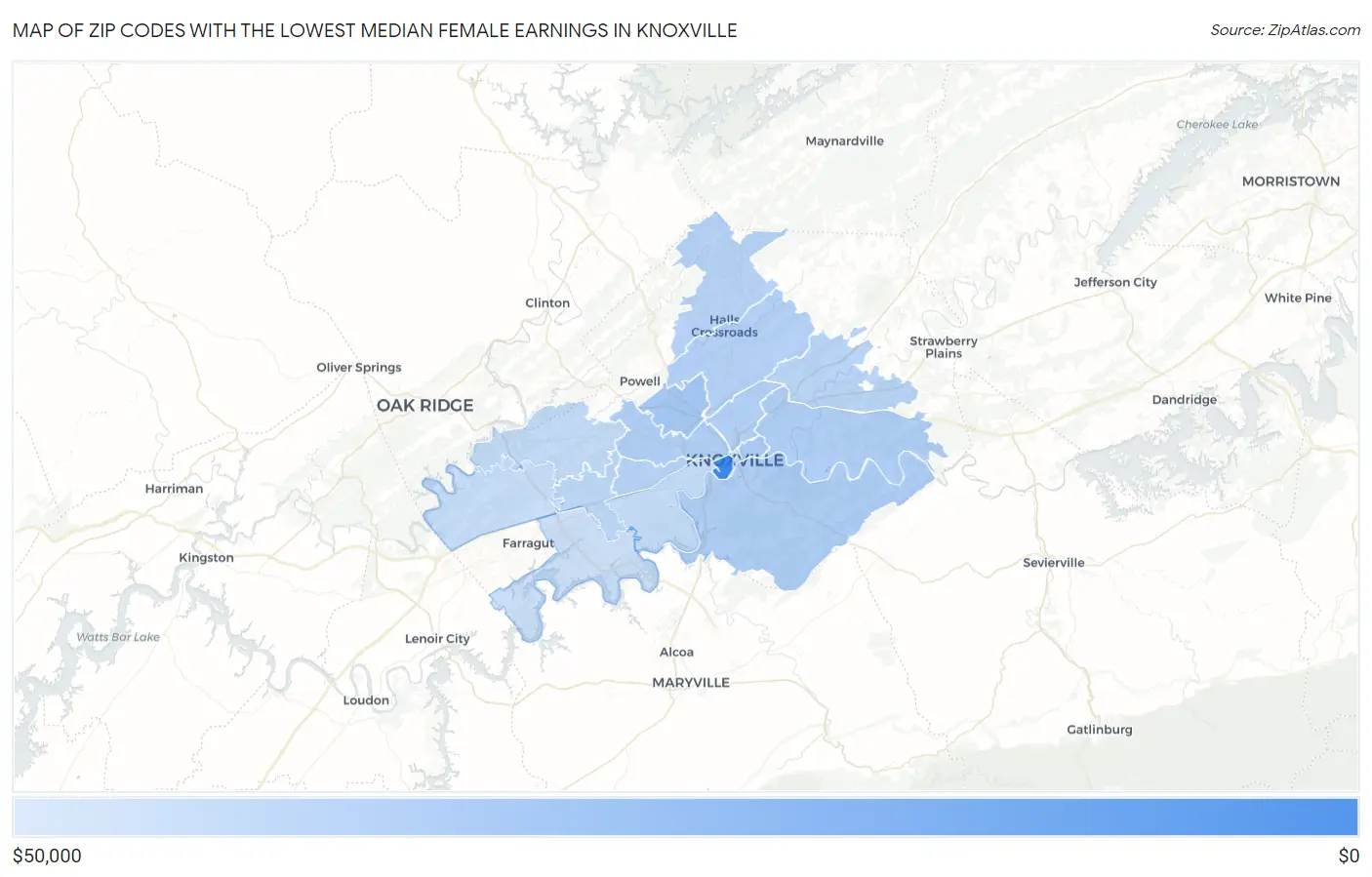Zip Codes with the Lowest Median Female Earnings in Knoxville Map