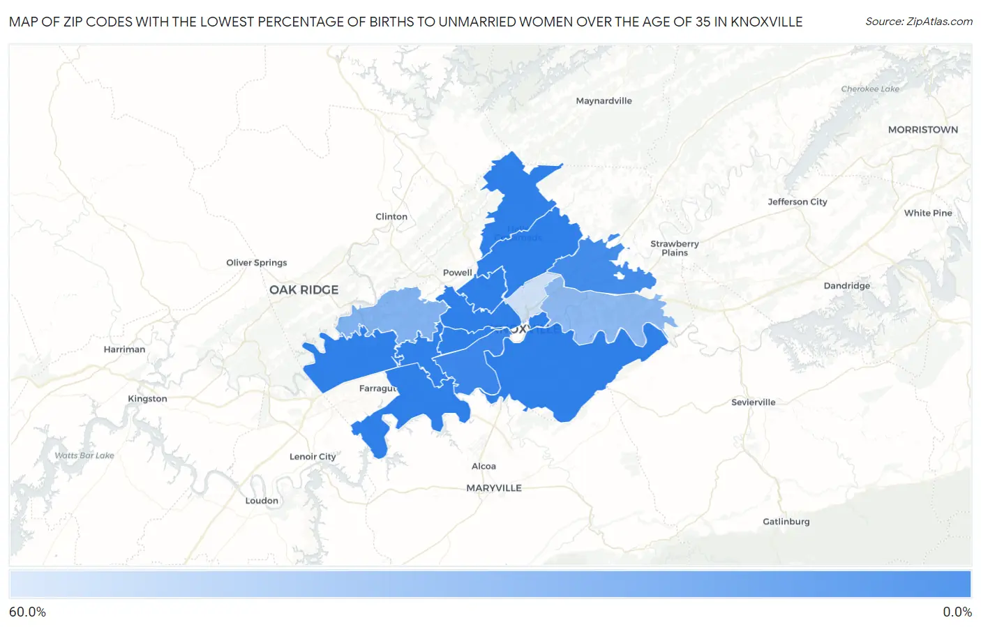 Zip Codes with the Lowest Percentage of Births to Unmarried Women over the Age of 35 in Knoxville Map