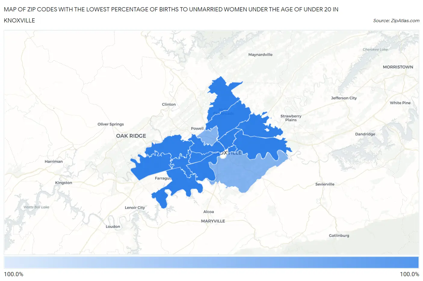 Zip Codes with the Lowest Percentage of Births to Unmarried Women under the Age of under 20 in Knoxville Map
