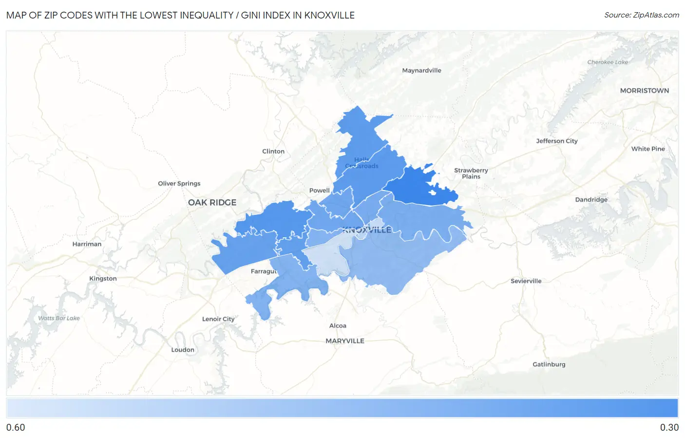 Zip Codes with the Lowest Inequality / Gini Index in Knoxville Map