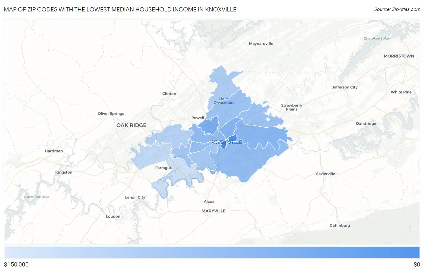 Zip Codes with the Lowest Median Household Income in Knoxville Map